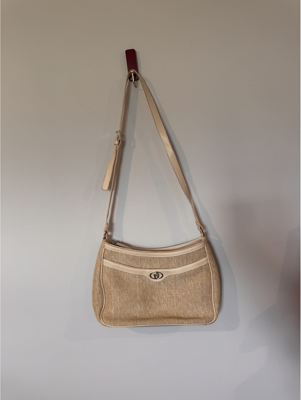 Vintage Etienne Aigner Woven Jute Straw Shoulder Bag Cream Tan Leather Trim